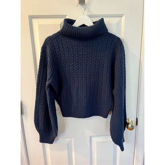 WeWoreWhat Sweaters - WeWoreWhat Navy Cable Knit Puff Sleeve Wide Turtle Neck Sweater sz S NWOT